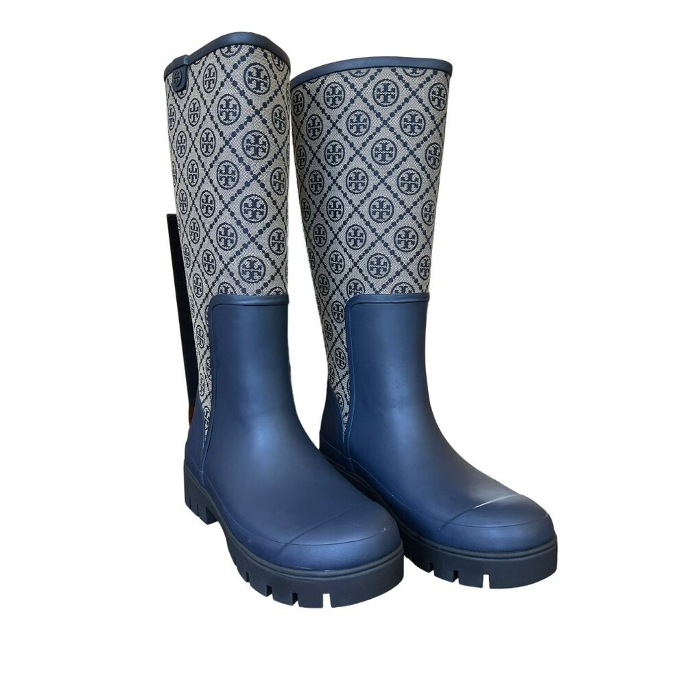 T-132. Tory Burch T Monogram Hurricane Tall Boot Perfect Navy - Picture 3 of 7